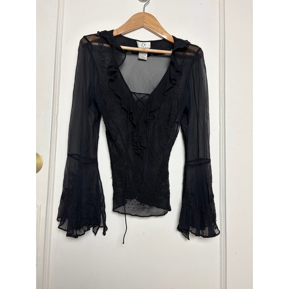 ICE Silk Beaded Blouse Black Sheer Ruffle Lace Up Bell Sleeve Vintage Style PS - Picture 3 of 6